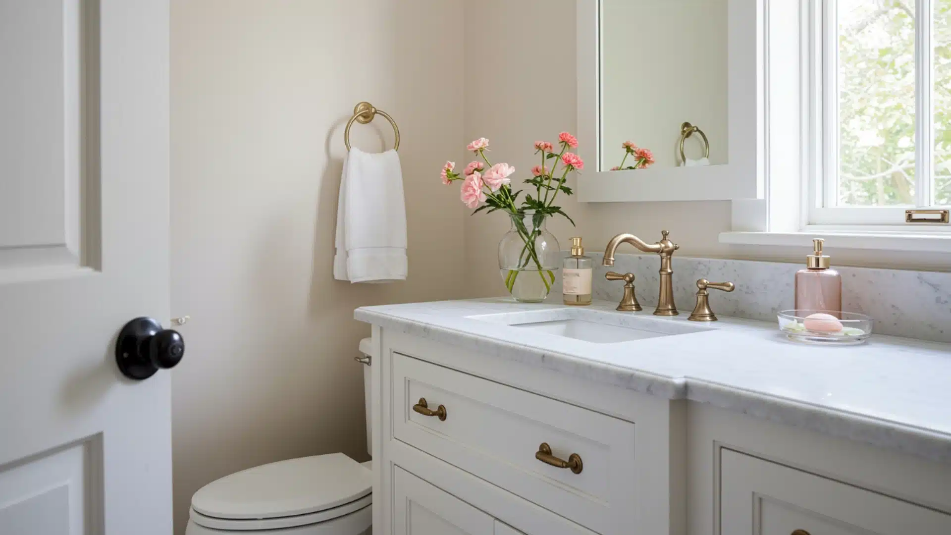 A bathroom featuring a white vanity and a gold sink, designed with Sherwin Williams Alabaster paint