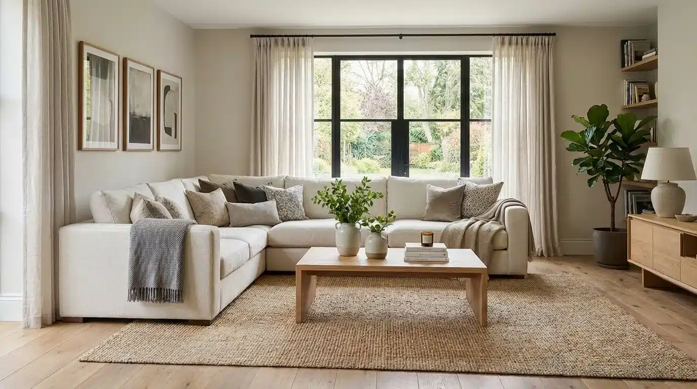 A bright, contemporary living room featuring a large, cream sectional sofa, a light wood coffee table, a jute area rug, and a tall black-framed window overlooking greenery
