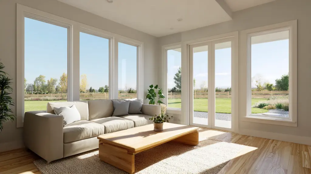 A bright living room featuring large windows, a couch, and alabaster Sherwin Williams interior paint