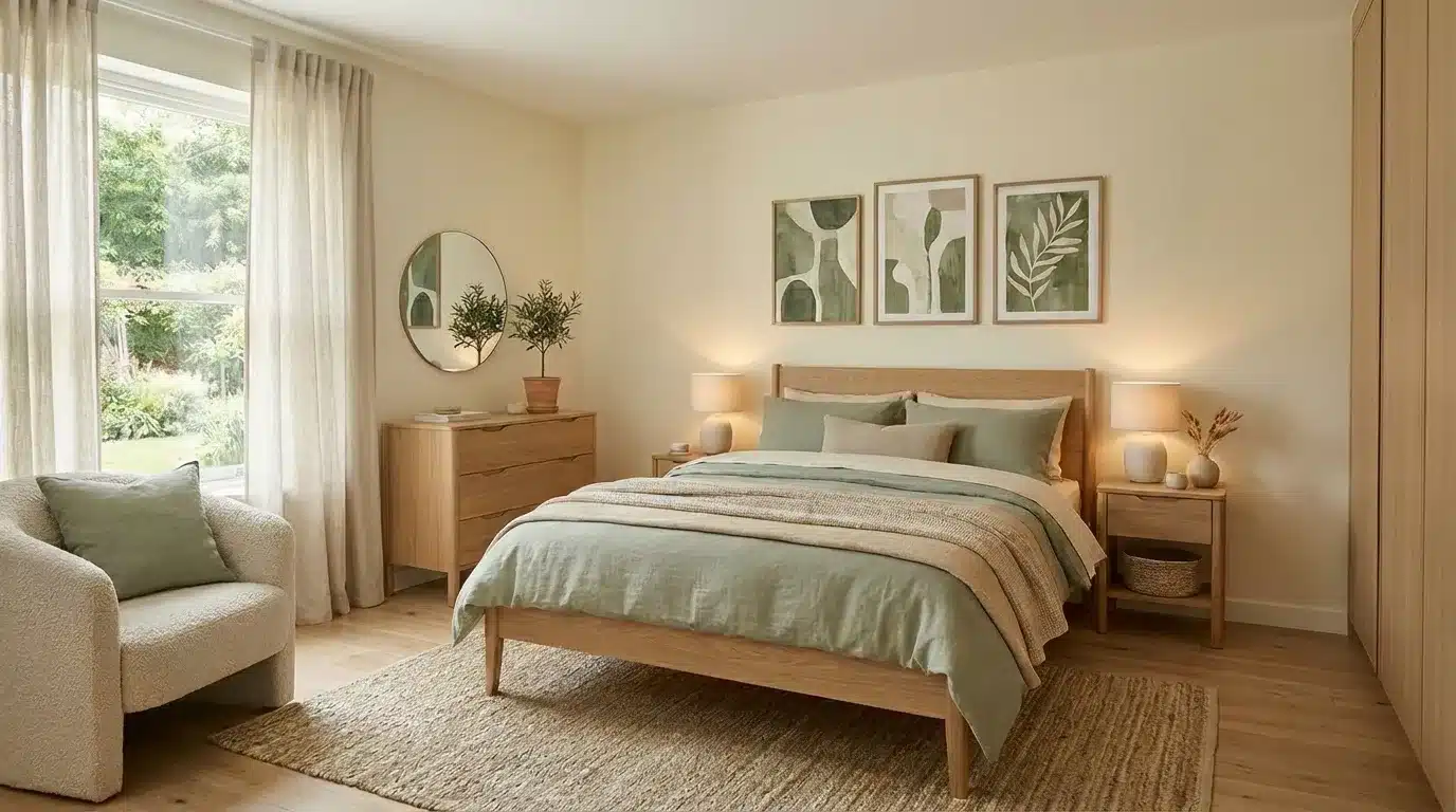 A bright, naturally lit bedroom featuring a wooden bed frame, sage green bedding, light wood furniture, and a textured area rug