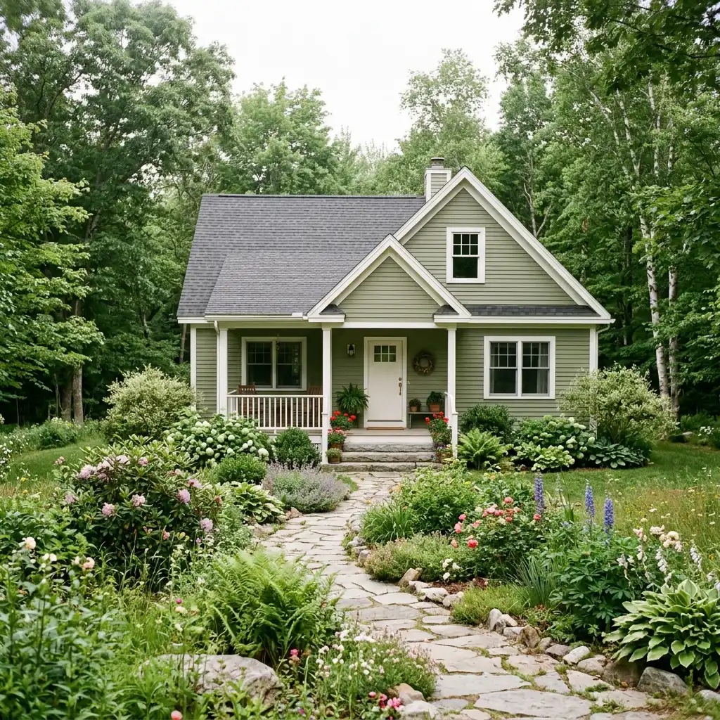 A charming, sage-green cottage with a dark roof is approached by a winding flagstone path bordered by lush, vibrant flower gardens and surrounded by dense green forest