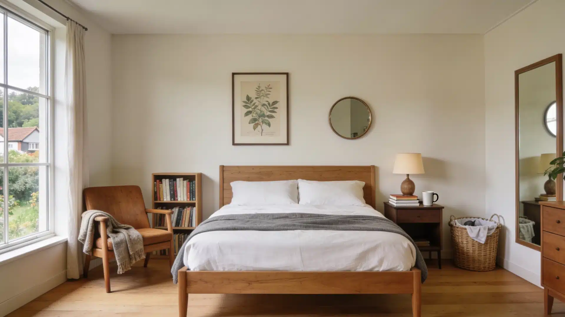 A cozy bedroom features a wooden bed with white and gray bedding, a round mirror, and a plant framed picture