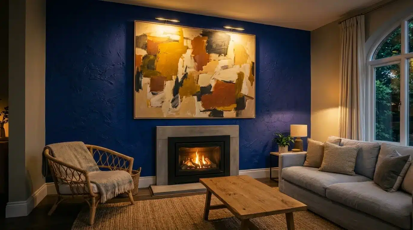 A cozy living room features a vibrant royal blue textured wall, a lit fireplace beneath an abstract painting, a rattan chair, and a light gray sofa next to an arched window