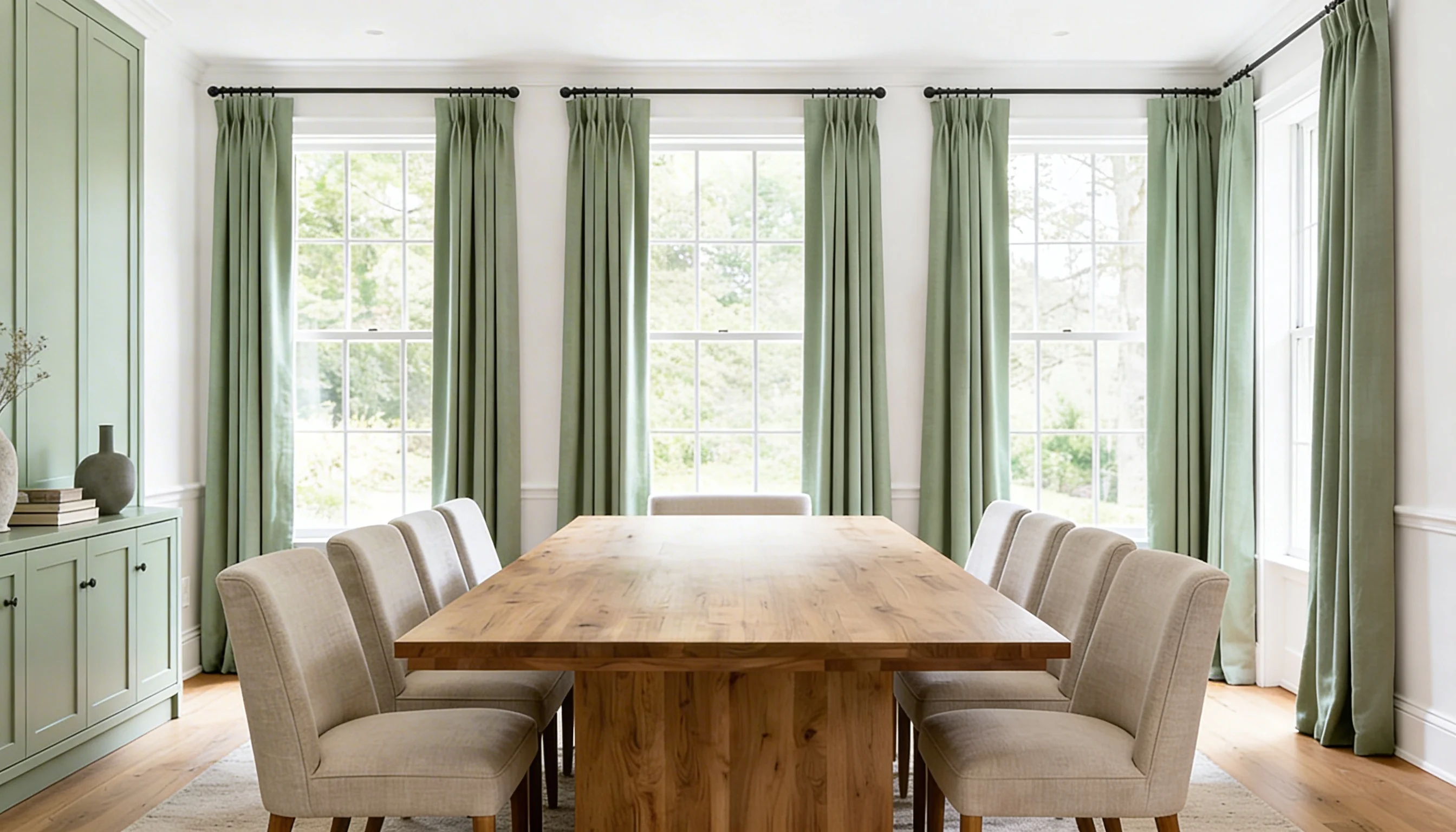 A dining room featuring green curtains, a wooden table, and walls painted in Sherwin Williams Alabaster