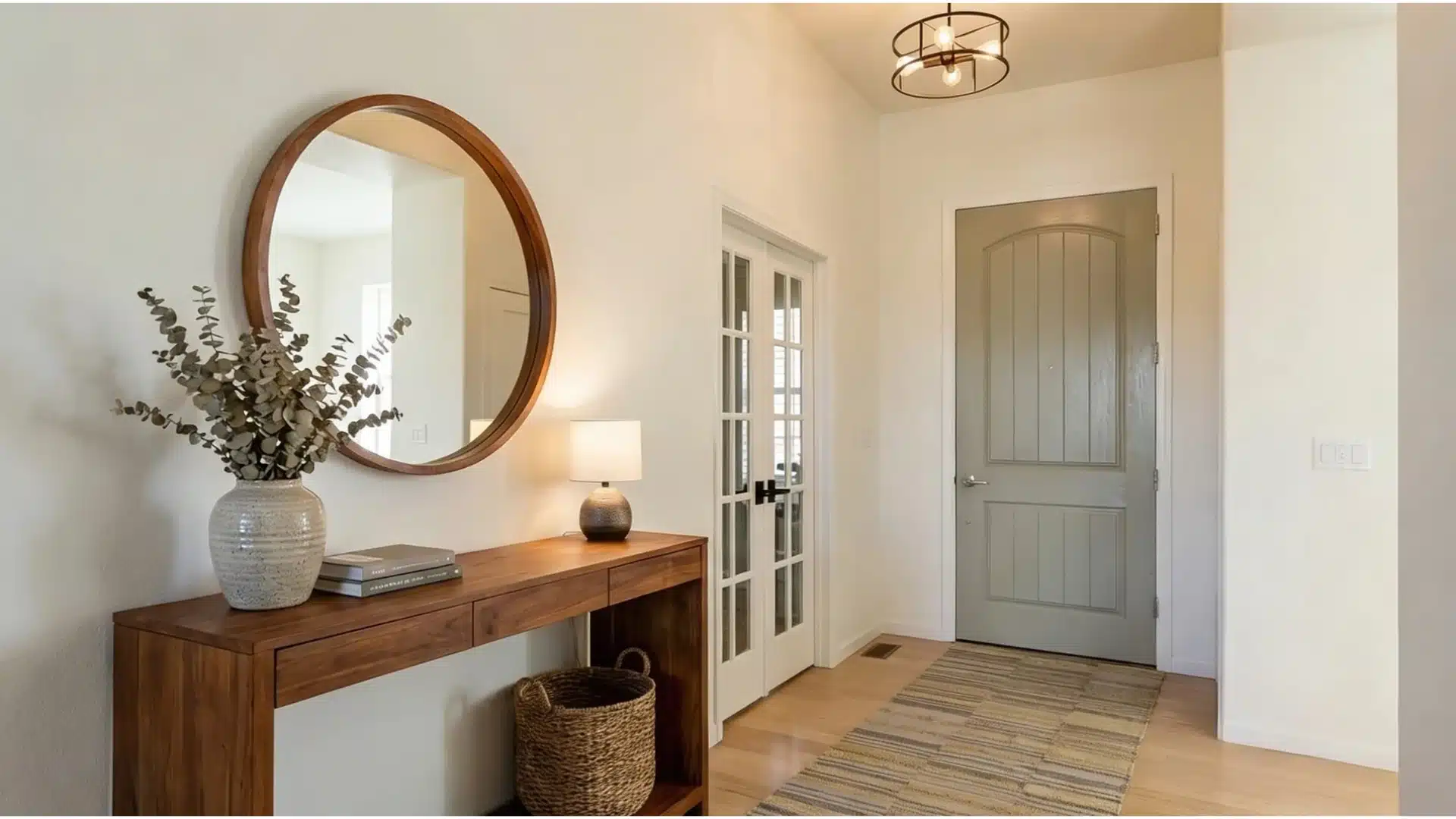 A hallway entryway featuring a mirror and a wooden table, painted in Sherwin Williams Alabaster