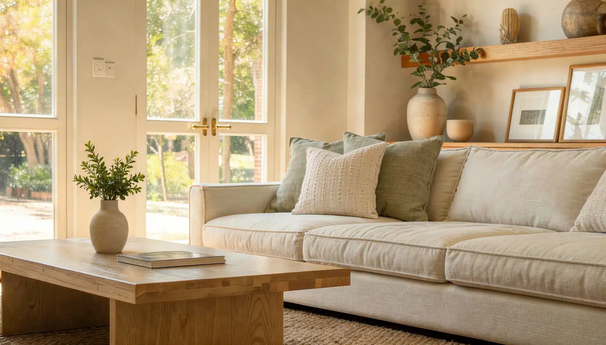 A living room featuring an alabaster-colored couch, coffee table, and a large window letting in natural light