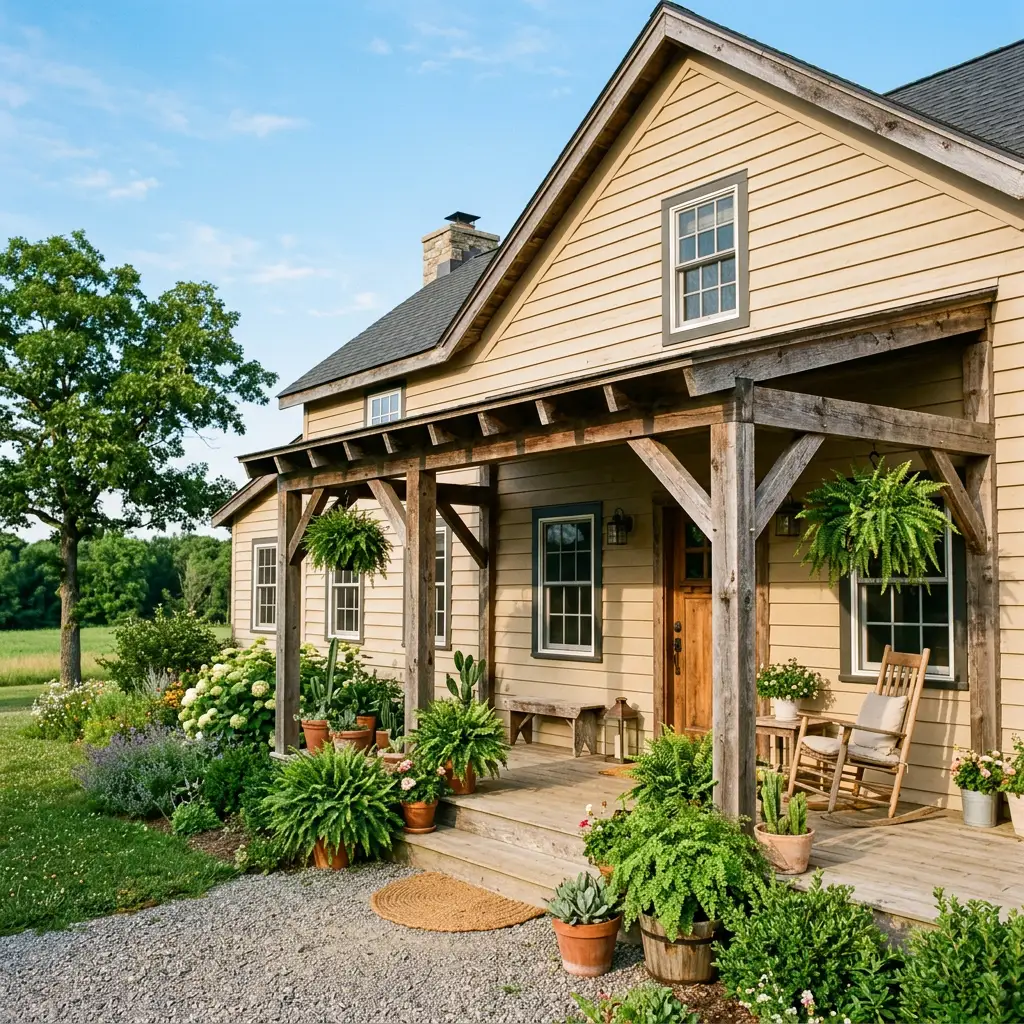 A tan farmhouse with a covered wooden porch filled with potted ferns and greenery sits beside a gravel path with a lush garden in the foreground