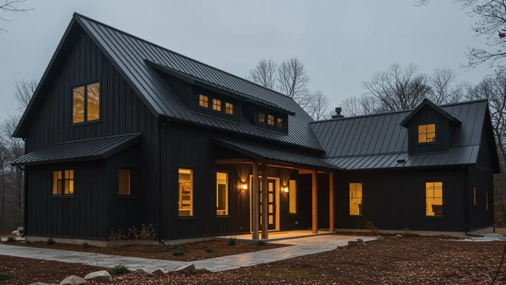 Black barn-inspired farmhouse exterior with board and batten siding and metal roof set against an open landscape