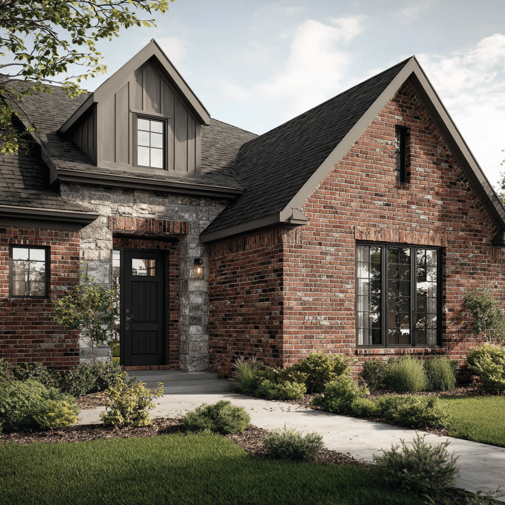 brick house with dark green door and cream trim features small bushes and potted plants along a tidy front entrance
