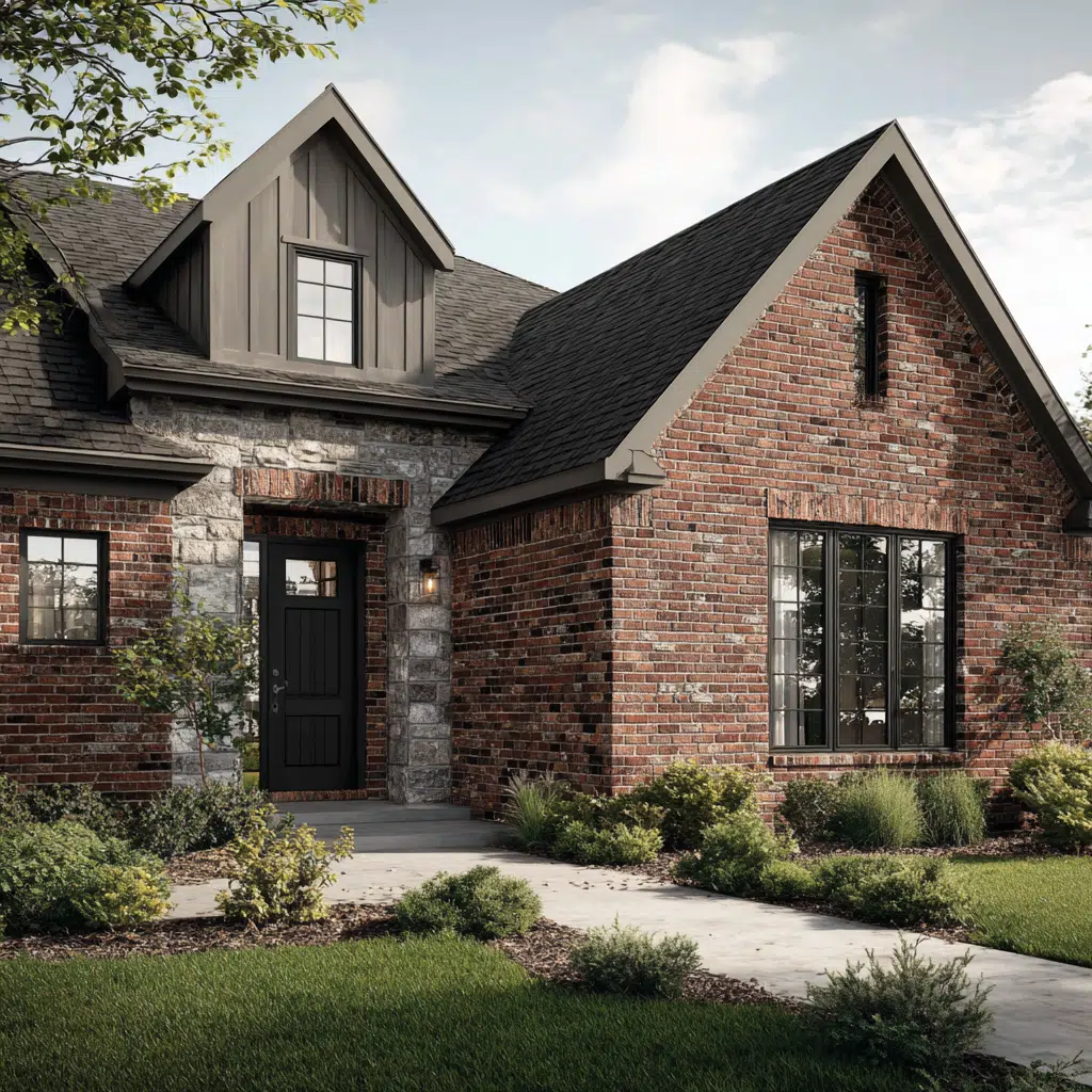 brick house with dark green door and cream trim features small bushes and potted plants along a tidy front entrance