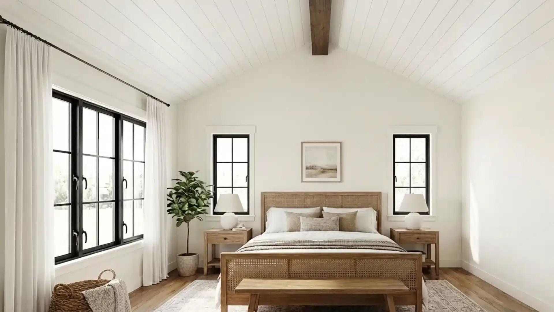 Bright bedroom showcasing alabaster walls, a comfortable bed, a window, and a stylish wooden floor