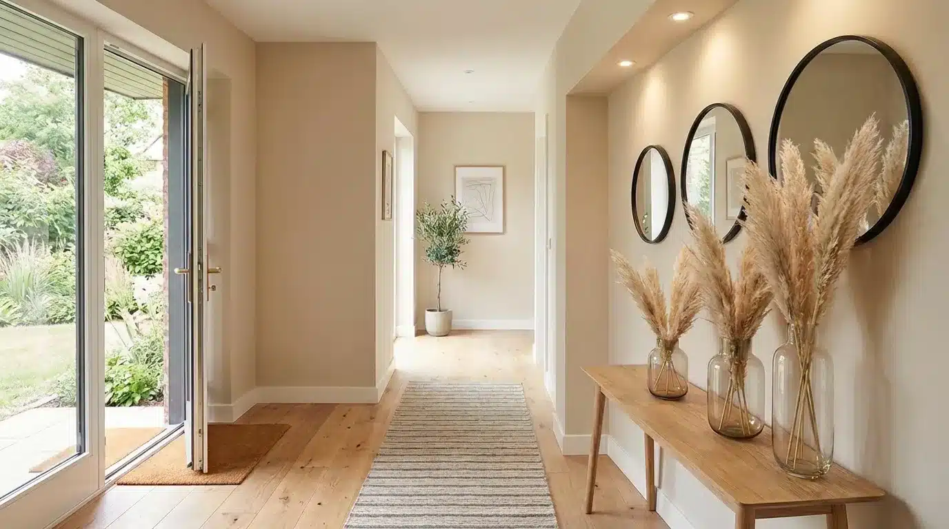Bright entryway with light wood floors, striped runner, console w: pampas in glass vases under three round black-framed mirrors