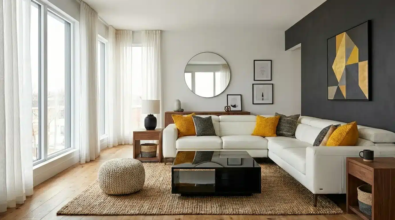 Bright, modern living room featuring a white sectional sofa, dark accent wall with geometric art, and large windows with sheer white curtains