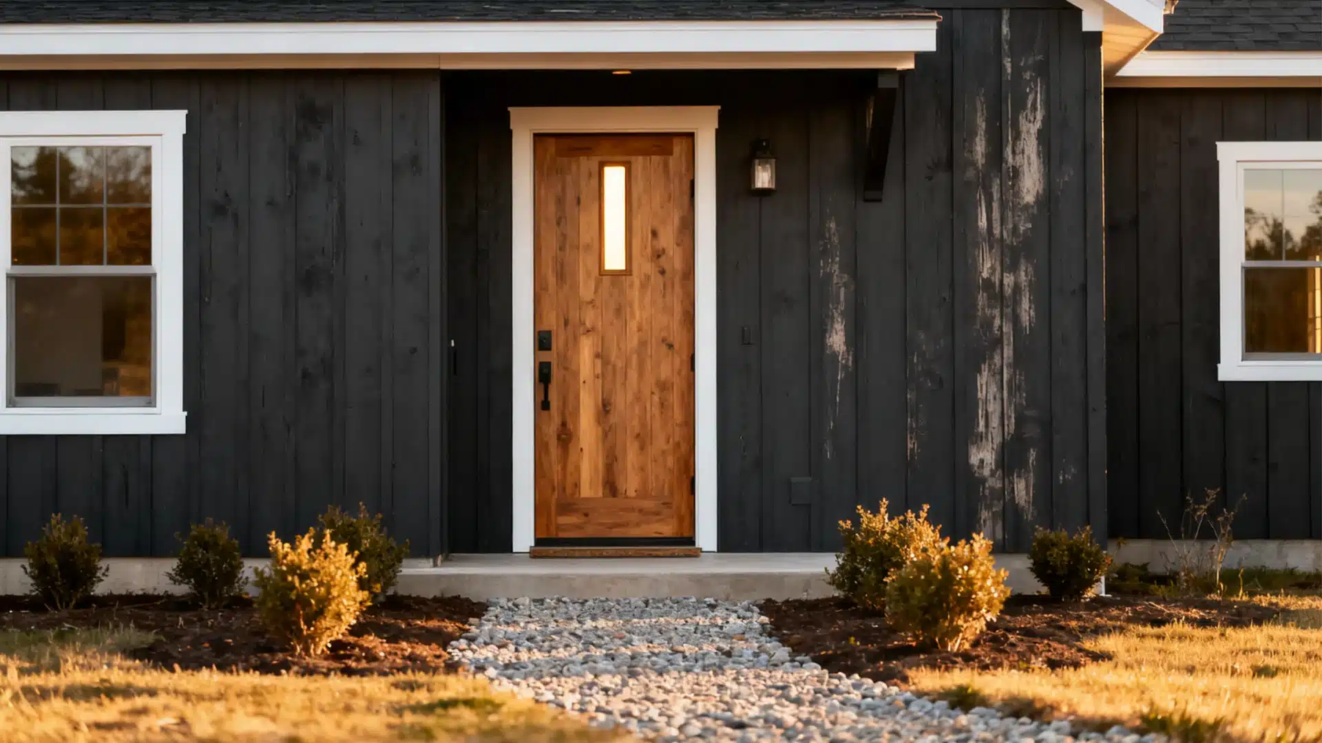 Charcoal farmhouse exterior with wooden entry door and simple landscaping creating a sleek and balanced look