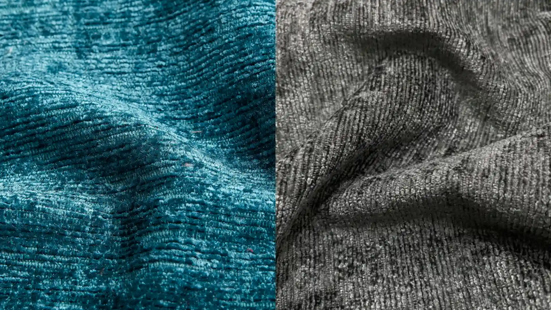 Close-up comparison of vibrant teal and charcoal gray textured, crushed velvet or chenille fabric swatches side-by-side (1)