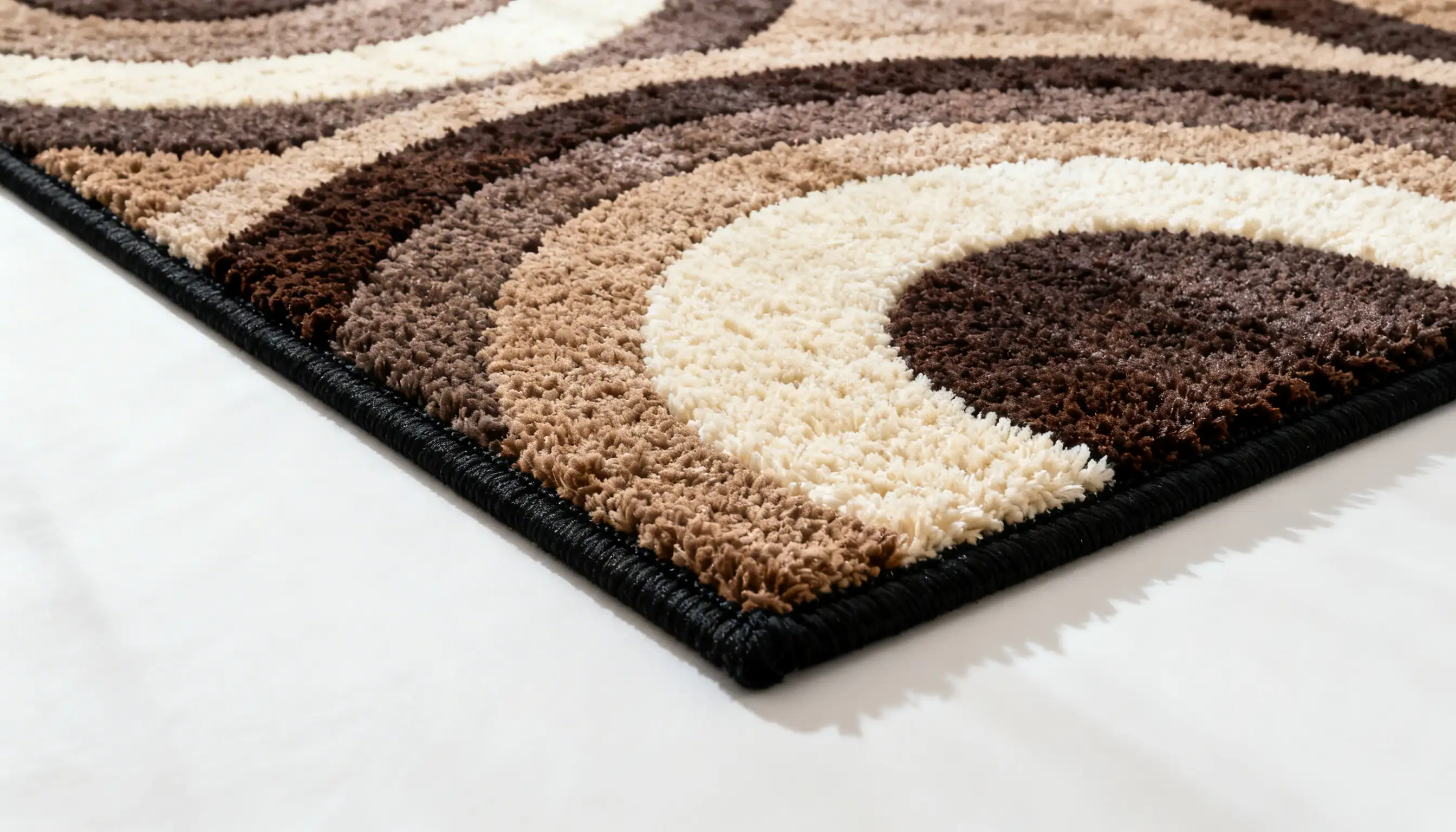 Close-up of a plush rug with concentric arcs in shades of brown, beige, and cream, set on a light floor. The rug's texture appears soft and cozy