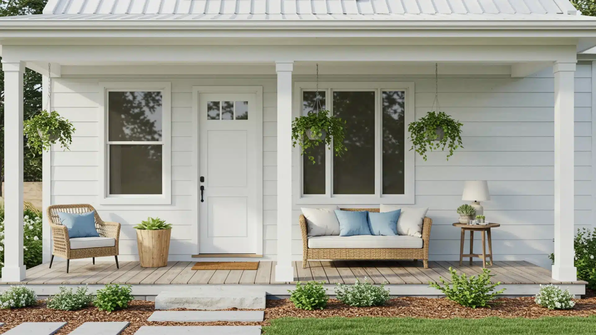 Coastal farmhouse exterior with soft blue tones and airy porch, creating a relaxed home look