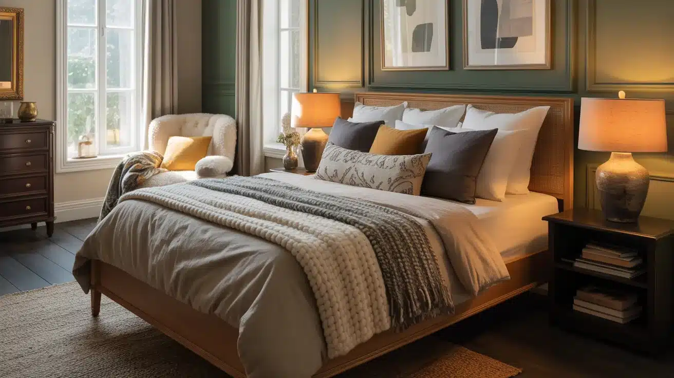 Cozy bedroom featuring a wooden bed with neutral bedding, dark green paneled walls, and warm lamp lighting beside a window