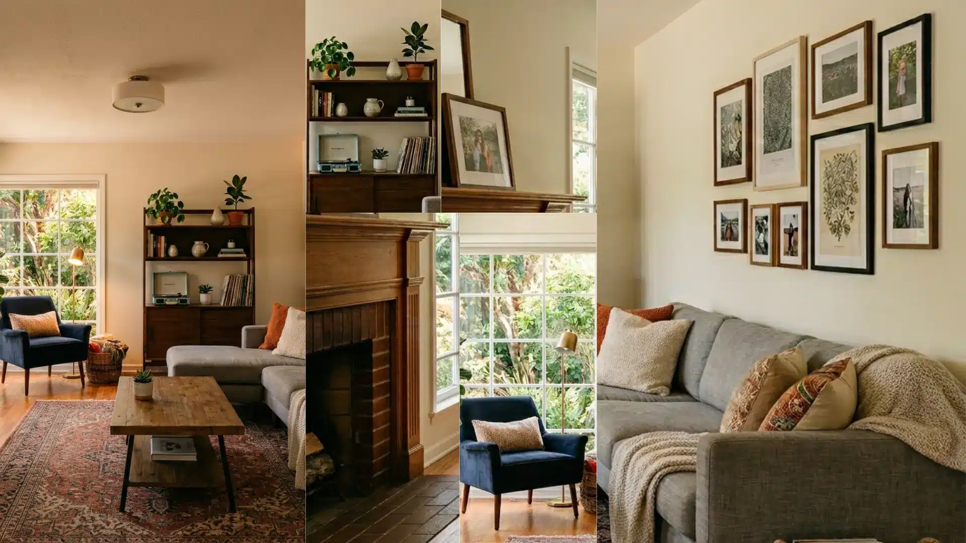 Cozy living room with a gray sofa, colorful cushions, gallery wall art, wooden coffee table, blue armchairs, large window, and a fireplace