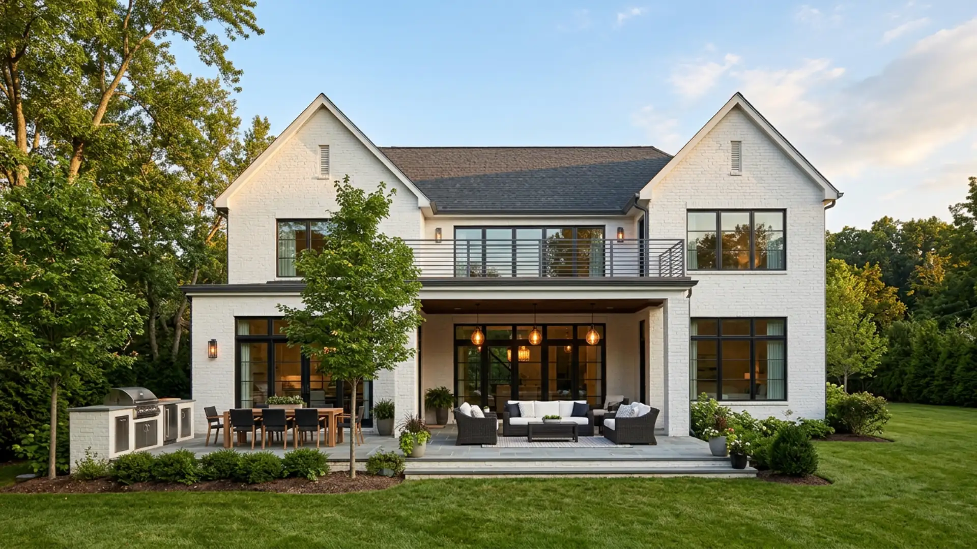 Exterior view of a modern white brick home with a covered lower patio with outdoor furniture and a second-story balcony overlooking a lush green lawn