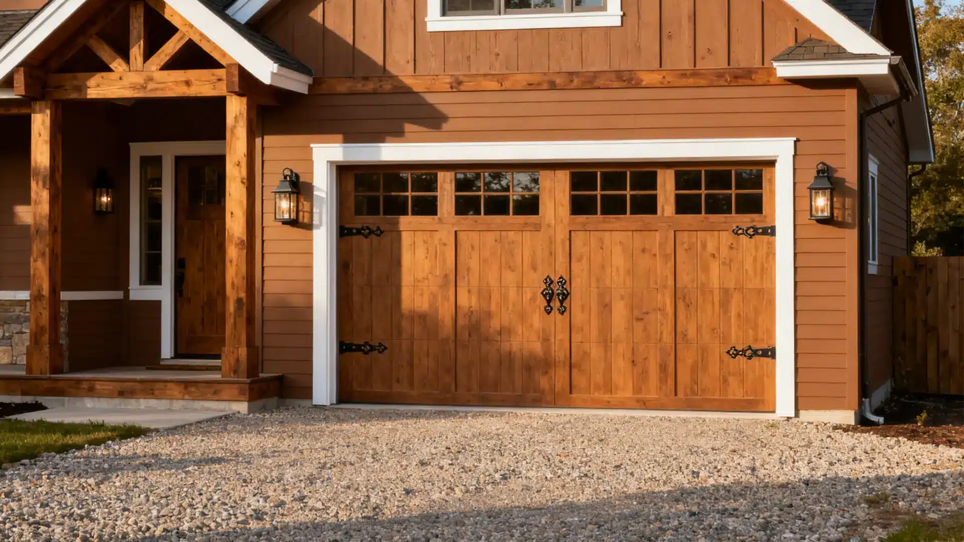 Farmhouse exterior with garage design blended using matching siding and carriage style doors for a connected look
