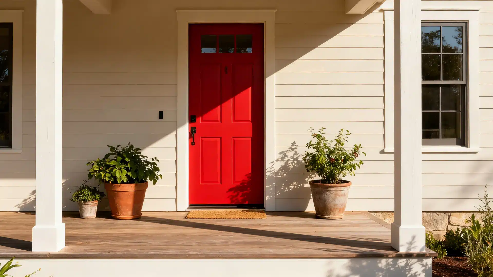 Farmhouse exterior with red front door accent and neutral siding creating a strong focal point at the entrance