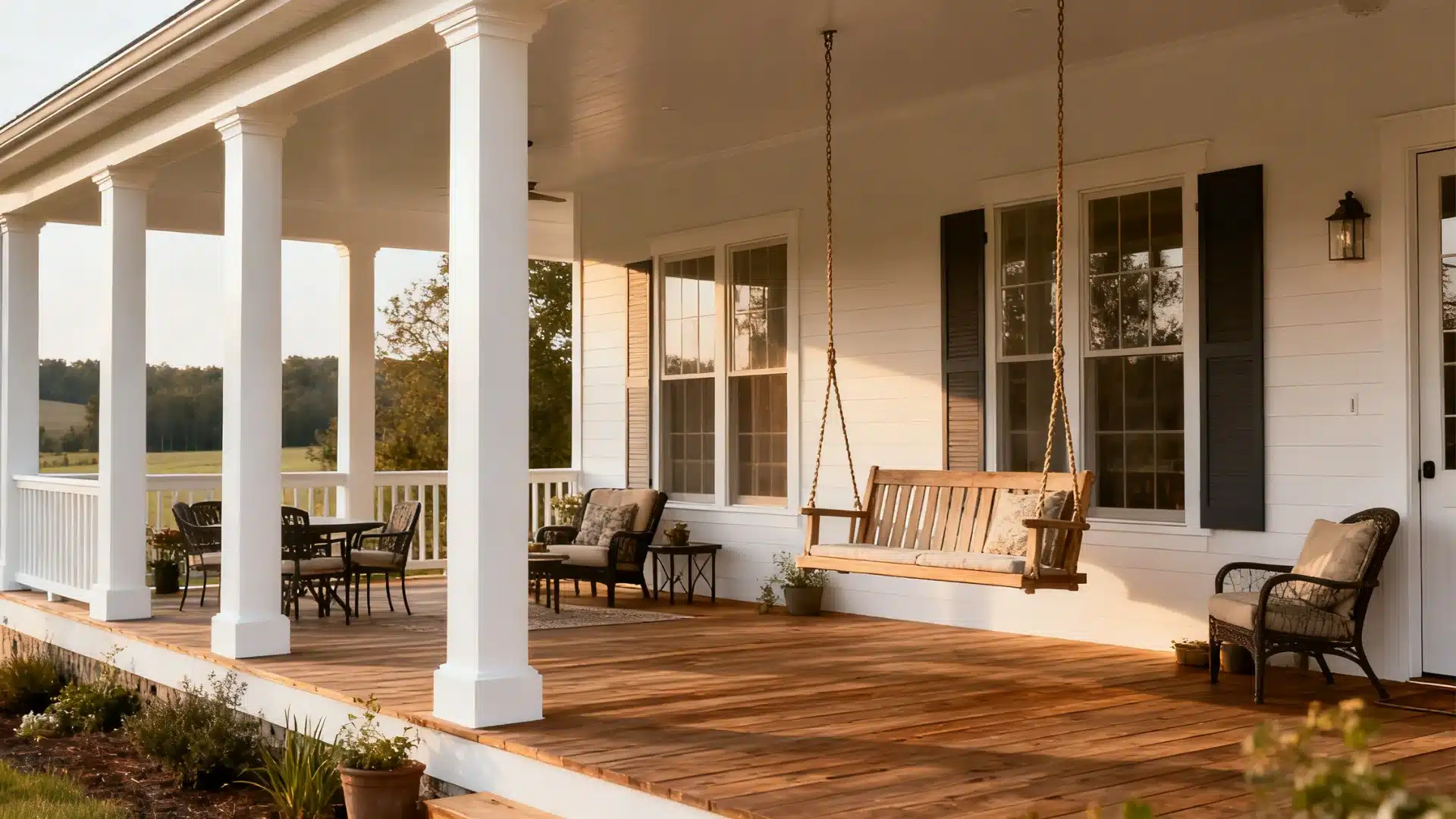Farmhouse exterior with wraparound porch, white columns, and wooden flooring, creating a welcoming outdoor living space
