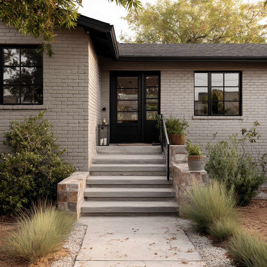 front entrance of a modern home with slightly warm ash gray painted brick exterior