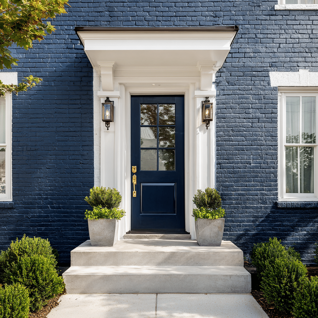 front facade of a home with navy blue painted brick, white trim, brass door handle