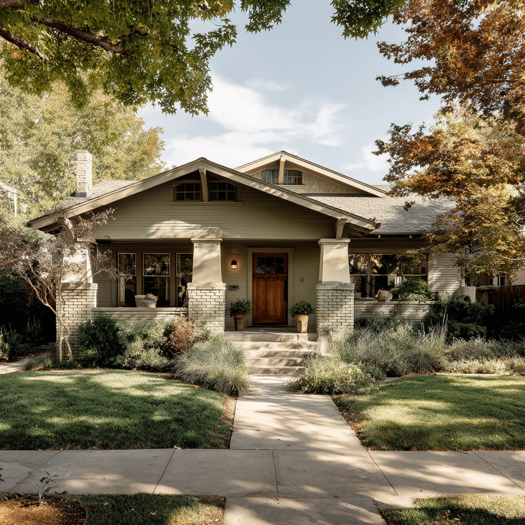 green brick house with tan window trim and a small porch featuring wooden pillars and gabled rooflines on a grassy lawn