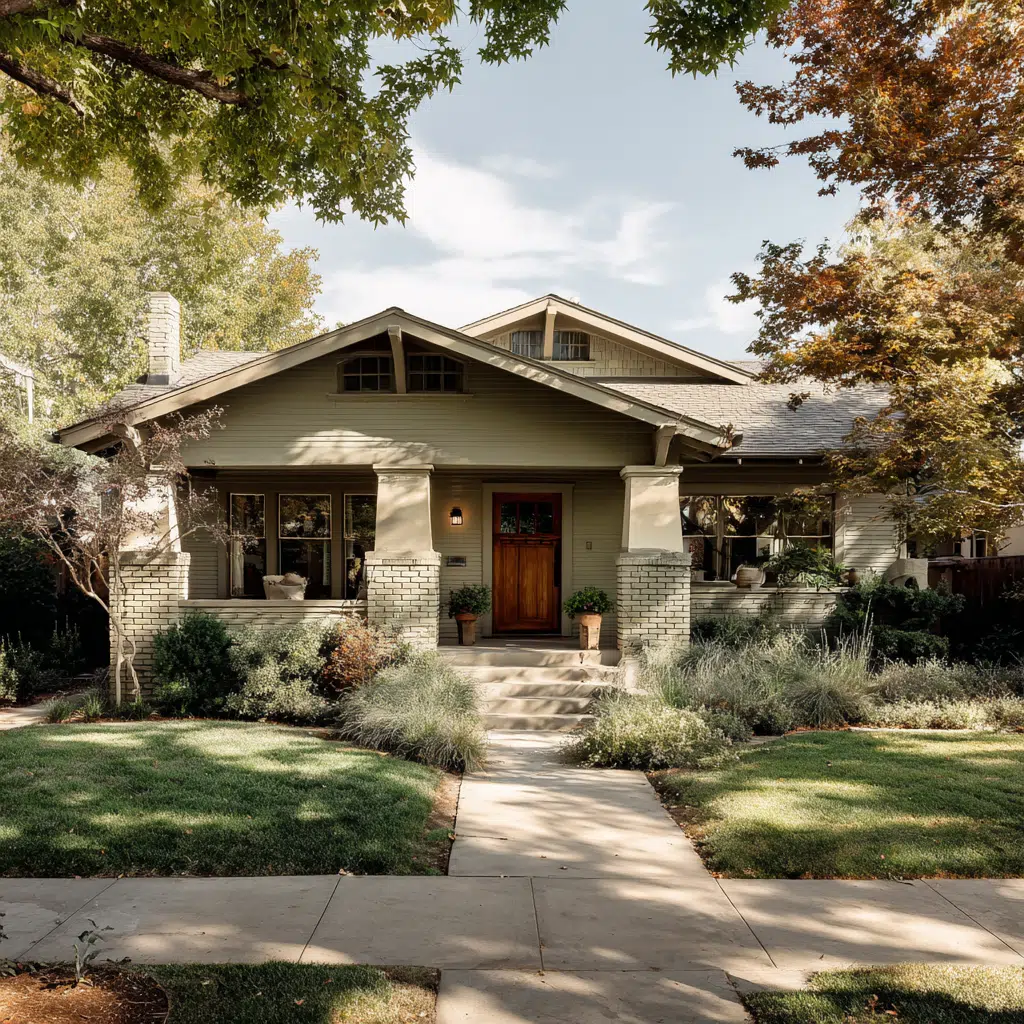 green brick house with tan window trim and a small porch featuring wooden pillars and gabled rooflines on a grassy lawn