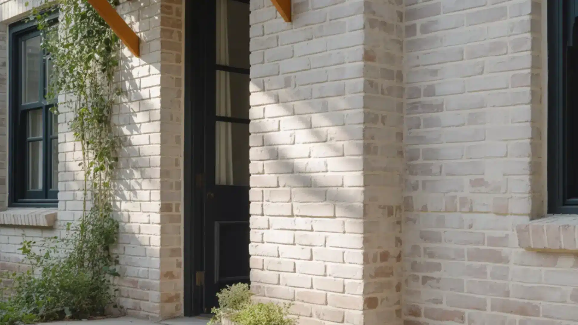 green painted brick home with black trim around windows and a front door includes small shrubs exterior brick paint color