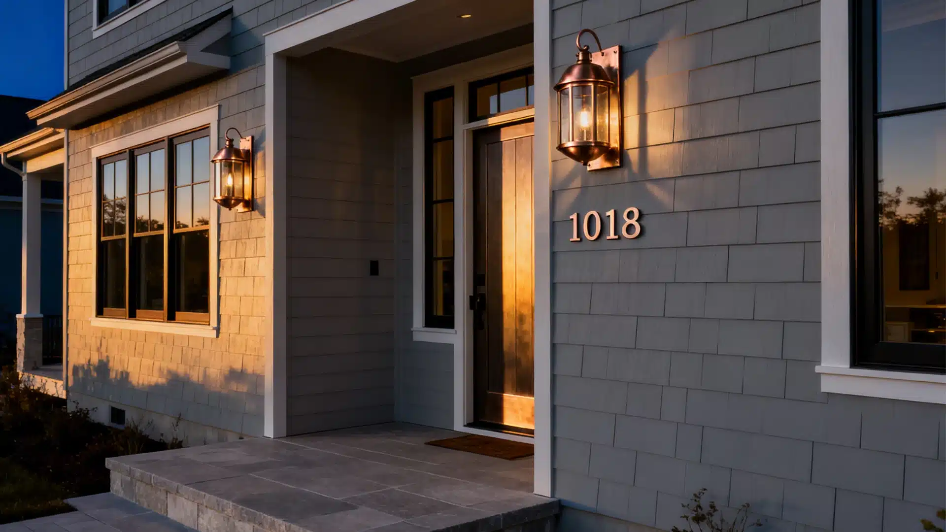 Grey farmhouse exterior with metallic fixtures and board and batten siding, adding subtle shine and depth