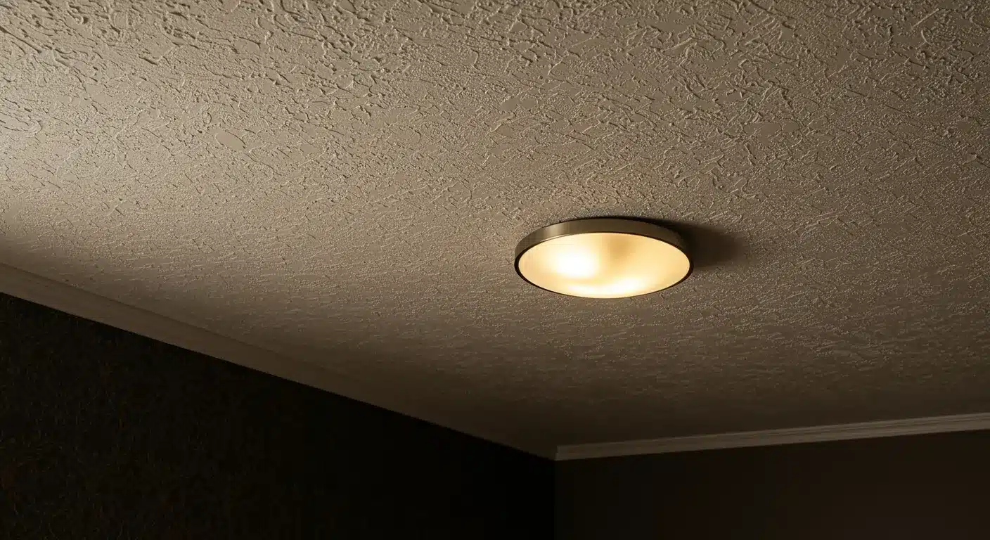 Illuminated round flush mount light fixture against a textured, beige stucco ceiling and dark walls with white crown molding