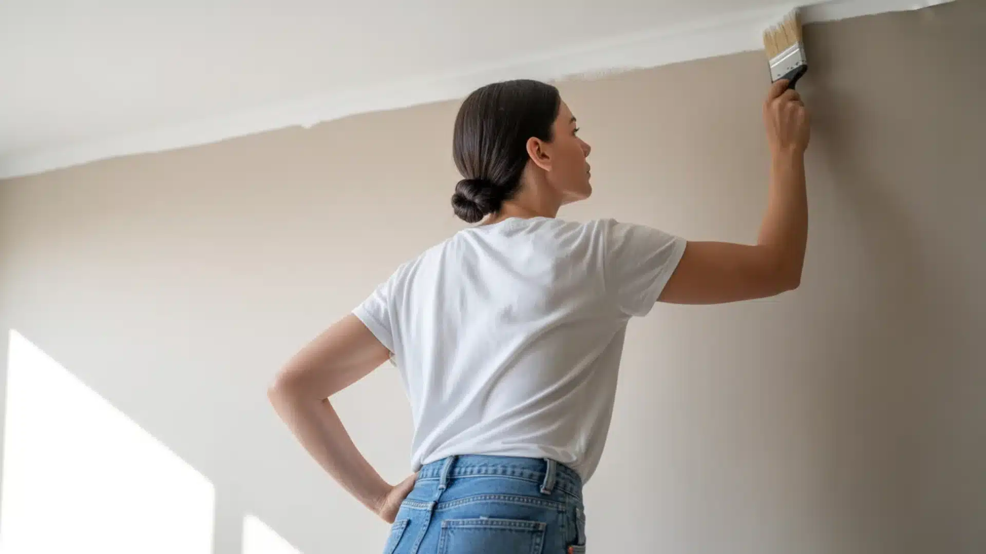 Woman painting wall edge with brush near ceiling, back view, smooth strokes, clean indoor setting