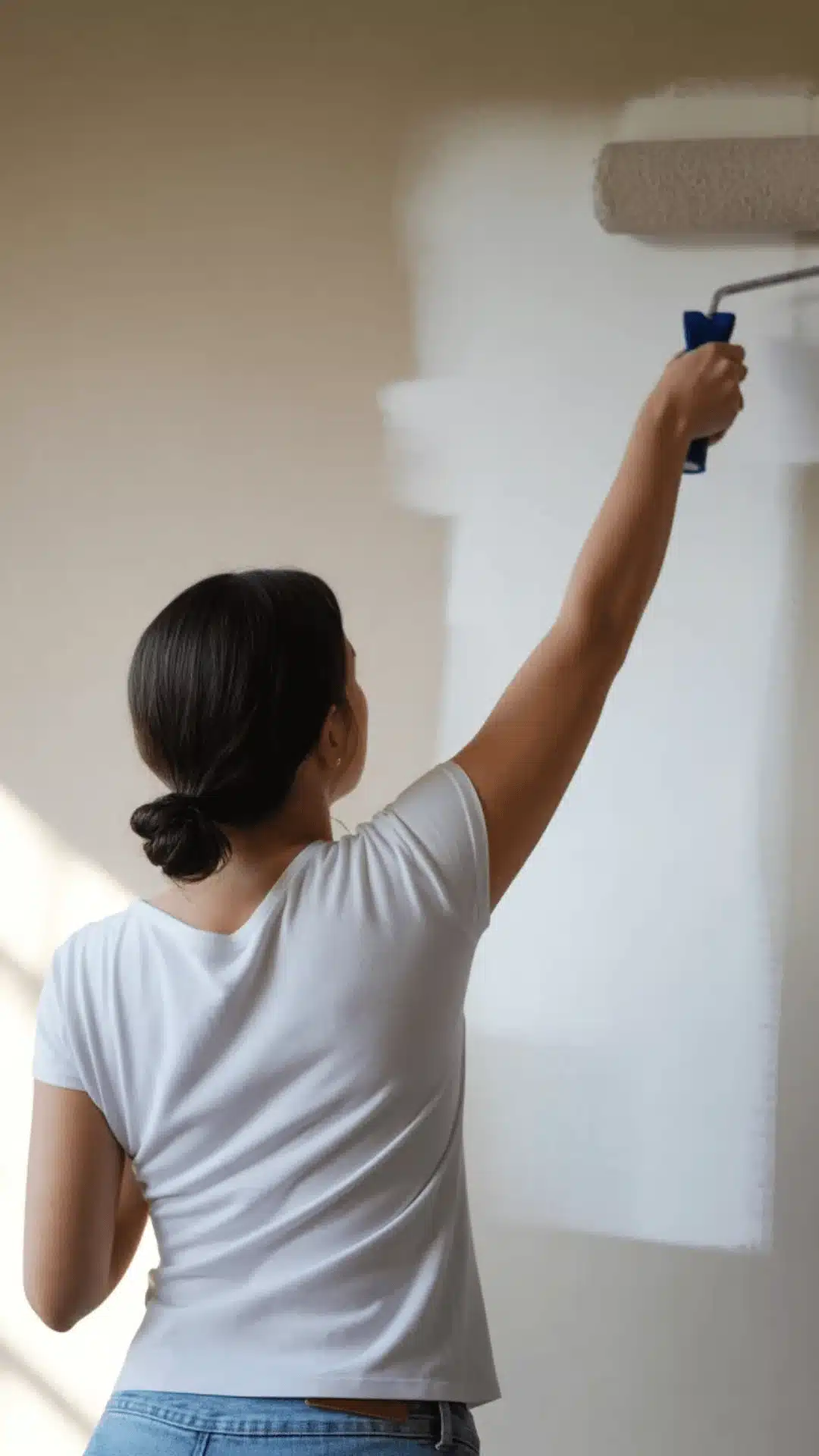 Woman painting wall with roller, back view, applying white coat over beige wall, smooth upward strokes