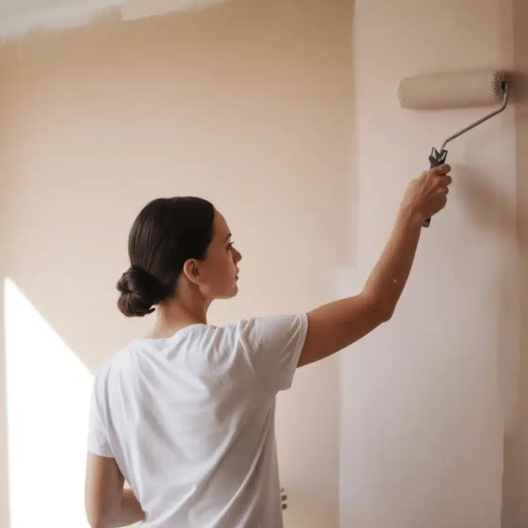 Woman painting wall with roller, back view, applying even coat on corner, soft natural light indoors