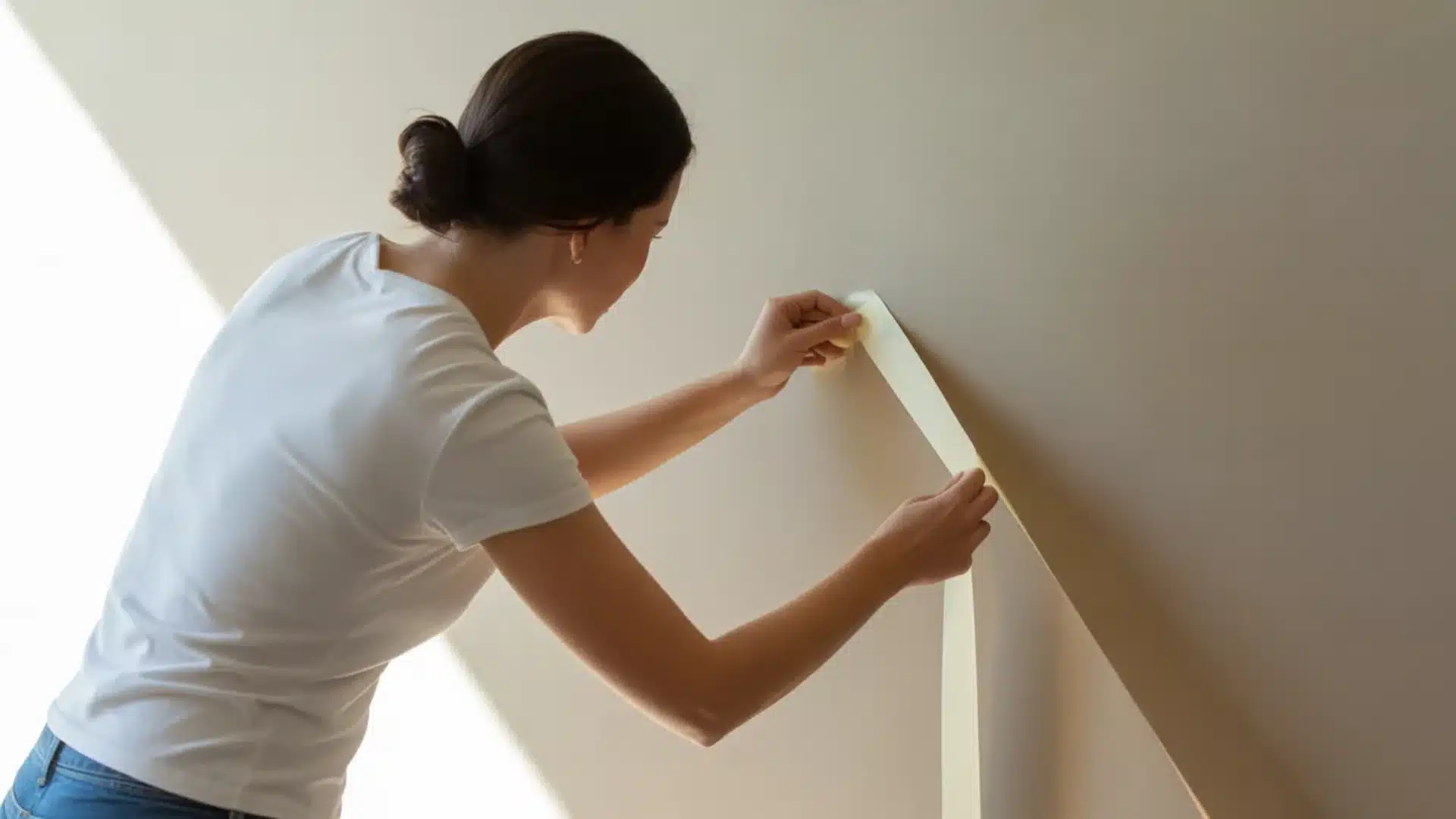 Woman removing painter’s tape along wall edge, back view, careful alignment, soft natural light