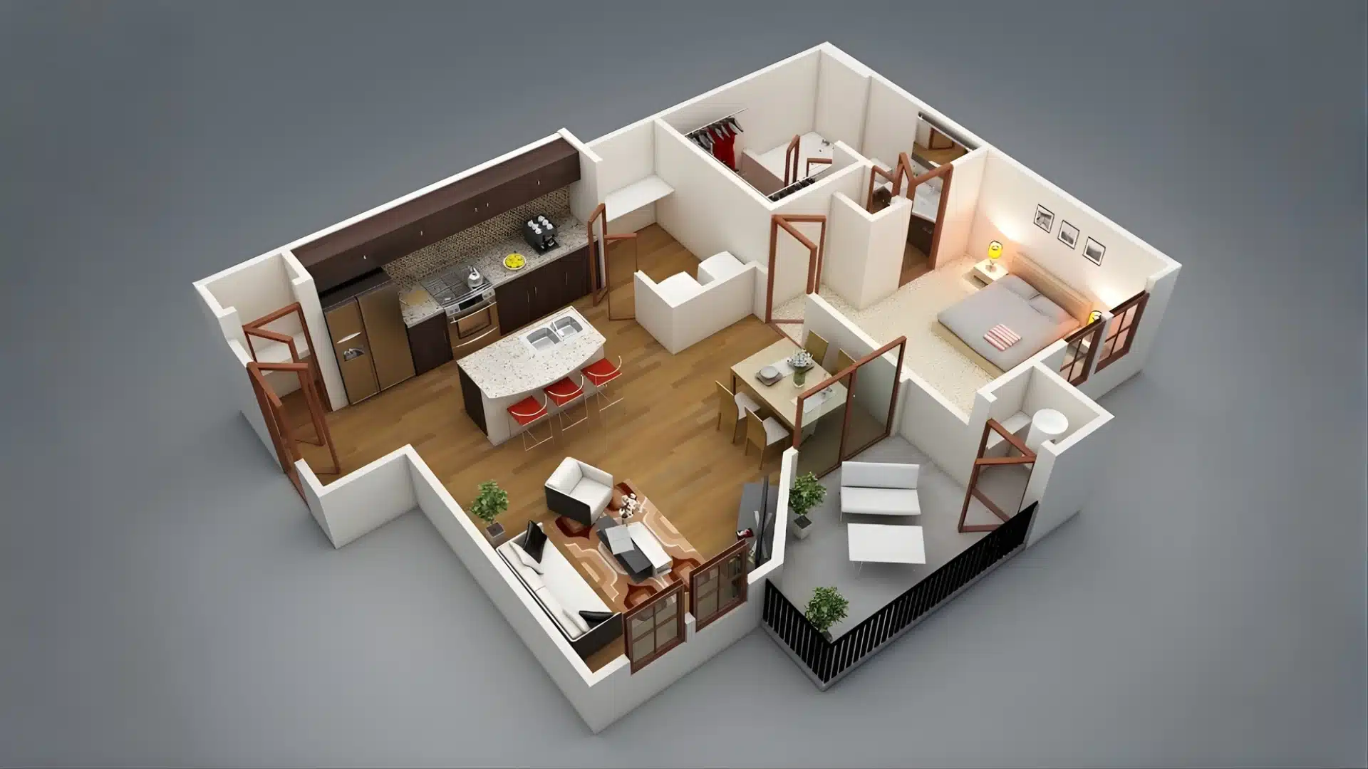 3D rendering of a modern apartment floor plan showing an open-concept kitchen, living area, dining space, bedroom, and small balcony
