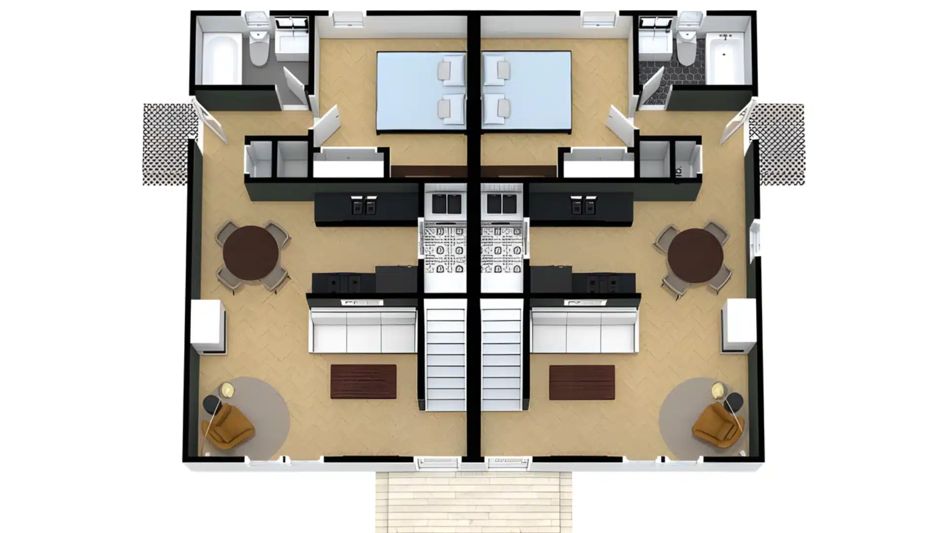 3D floor plan showing a duplex layout with central stairs, kitchens, living areas, two bathrooms, and a shared upper-level bedroom space