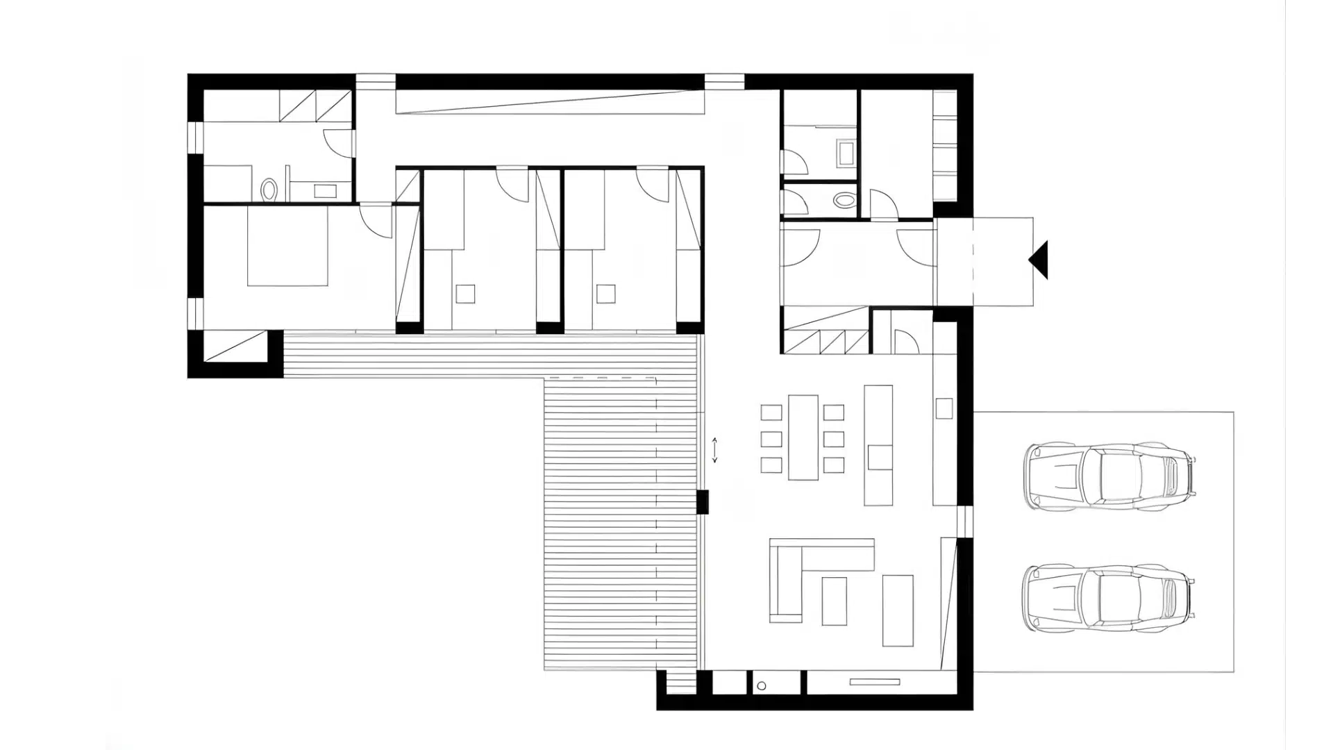 Architectural floor plan showing a house layout with bedrooms, bathrooms, living:dining areas, an outdoor deck, and a two-car parking space