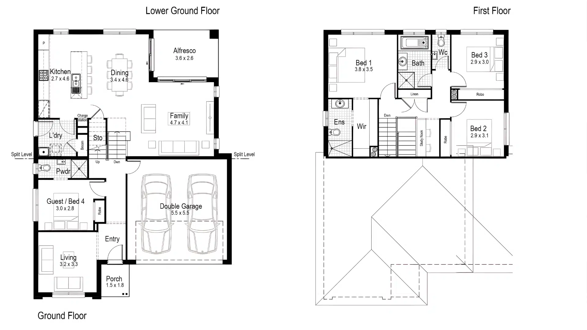 The layout of a multi-level home, showing the Ground Floor, Lower Ground Floor, and First Floor with room dimensions and features