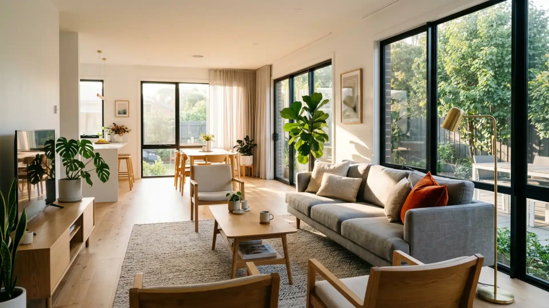 A modern living room featuring large windows that let in natural light and elegant wood floors