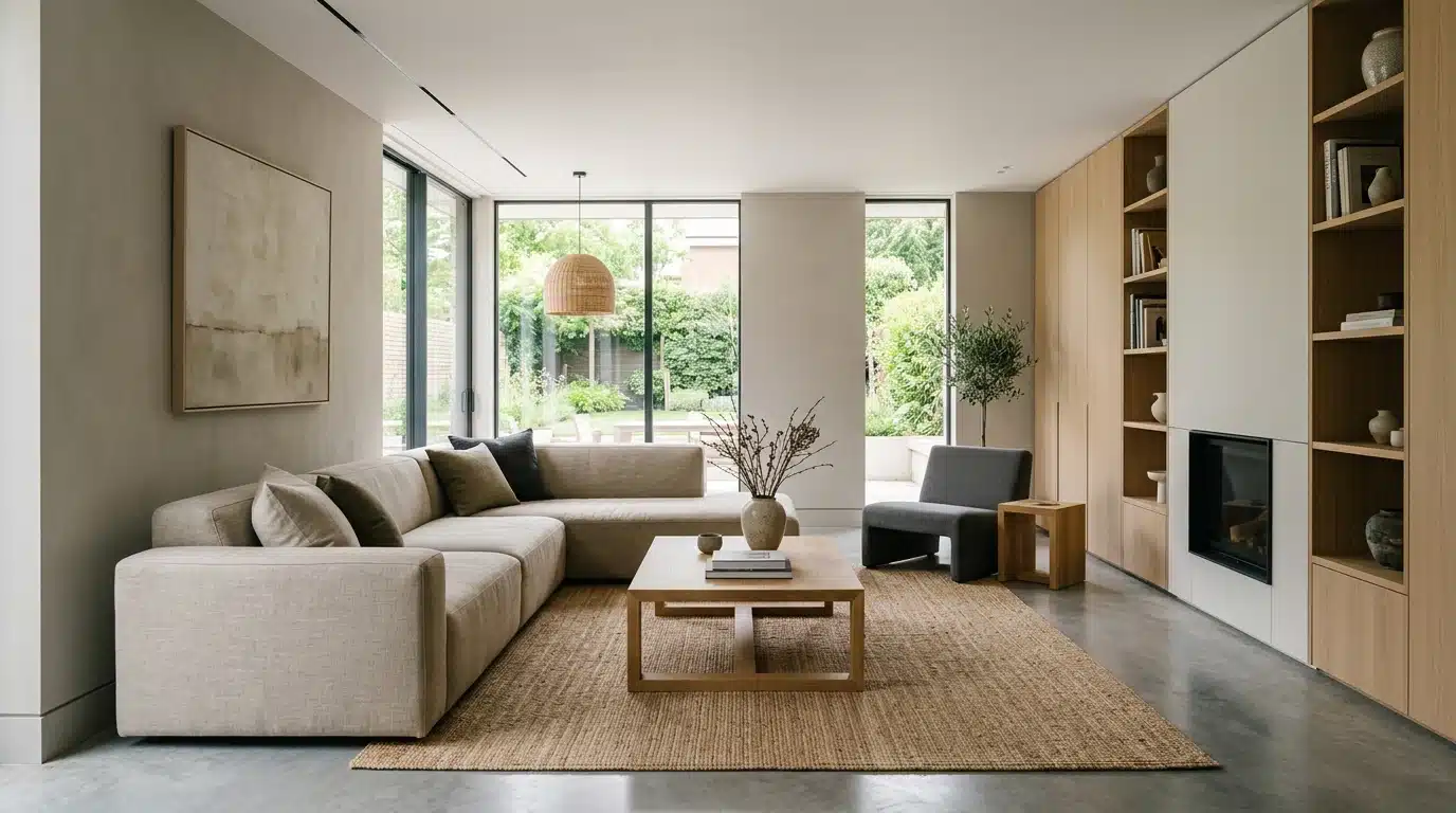 A modern living room featuring a stylish couch, a coffee table, and neatly arranged bookshelves