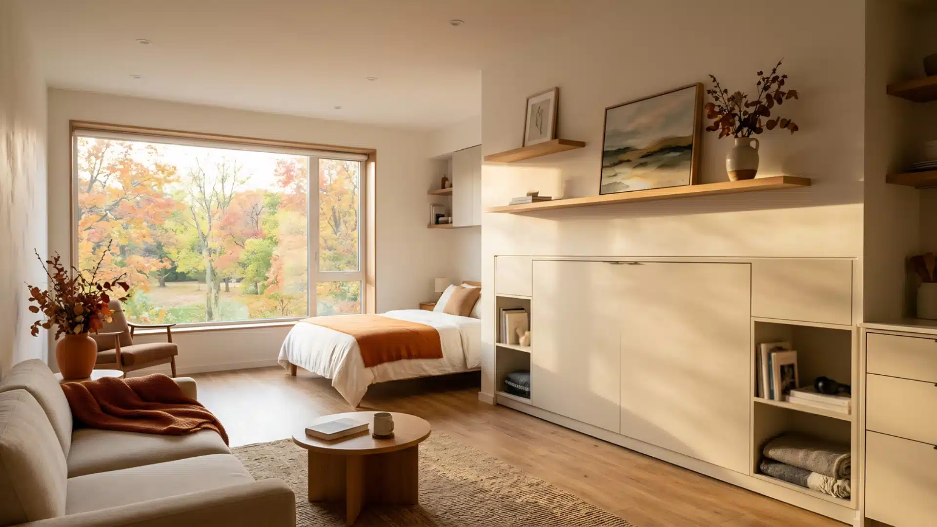A cozy bedroom featuring a couch, a bed, and a window allowing natural light to enter the space