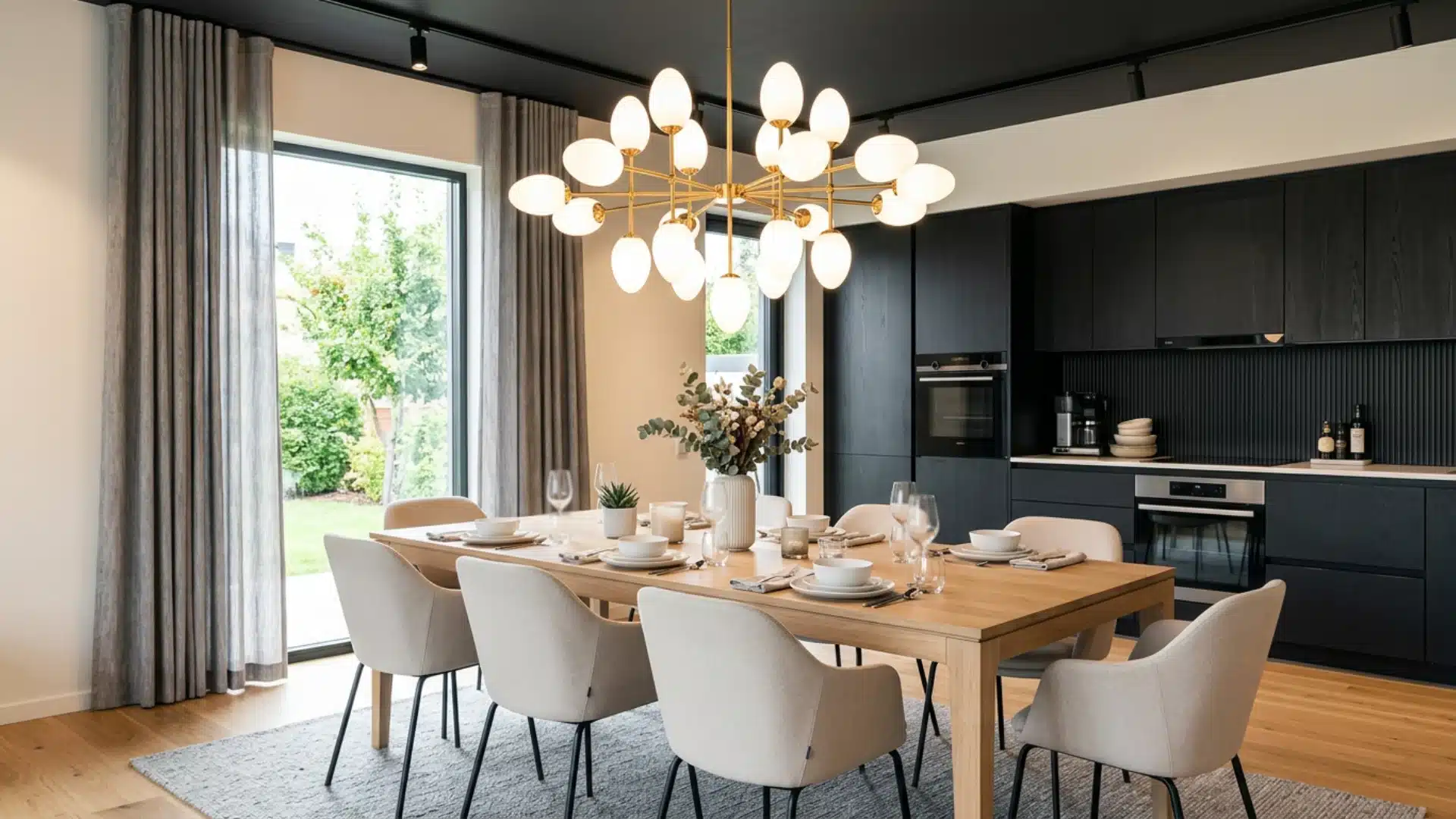 A modern dining area with a light wood table, beige upholstered chairs, and a striking gold and white oval-bulb chandelier, set against dark cabinetry and a view of a green garden