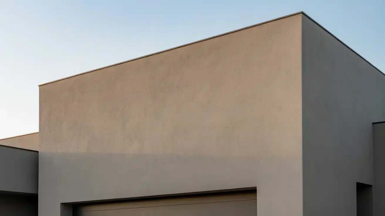 Minimalist modern architecture featuring a light tan stucco facade contrasting with darker grey geometric sections under a clear pale blue sky