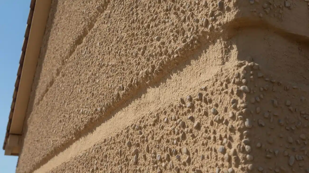 Close-up of tan, rough stucco exterior wall texture with embedded pebbles, set against a clear blue sky