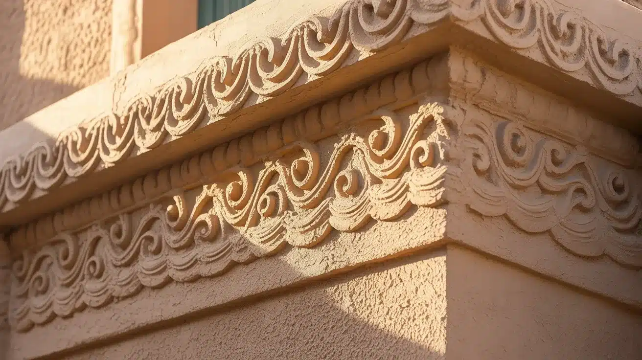 Close-up of tan stucco architectural molding featuring repeating carved wave and scroll patterns illuminated by warm sunlight