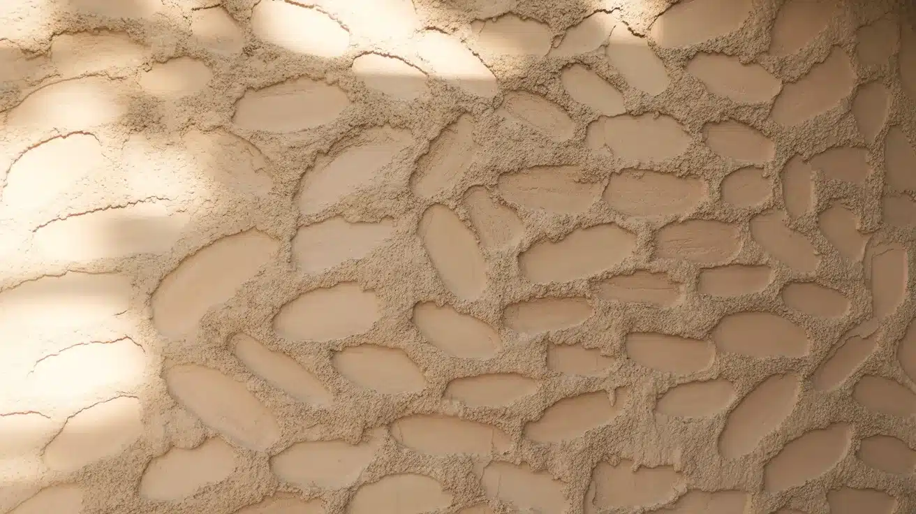 Textured beige stucco wall featuring embedded, smooth, pebble-like shapes under direct sunlight